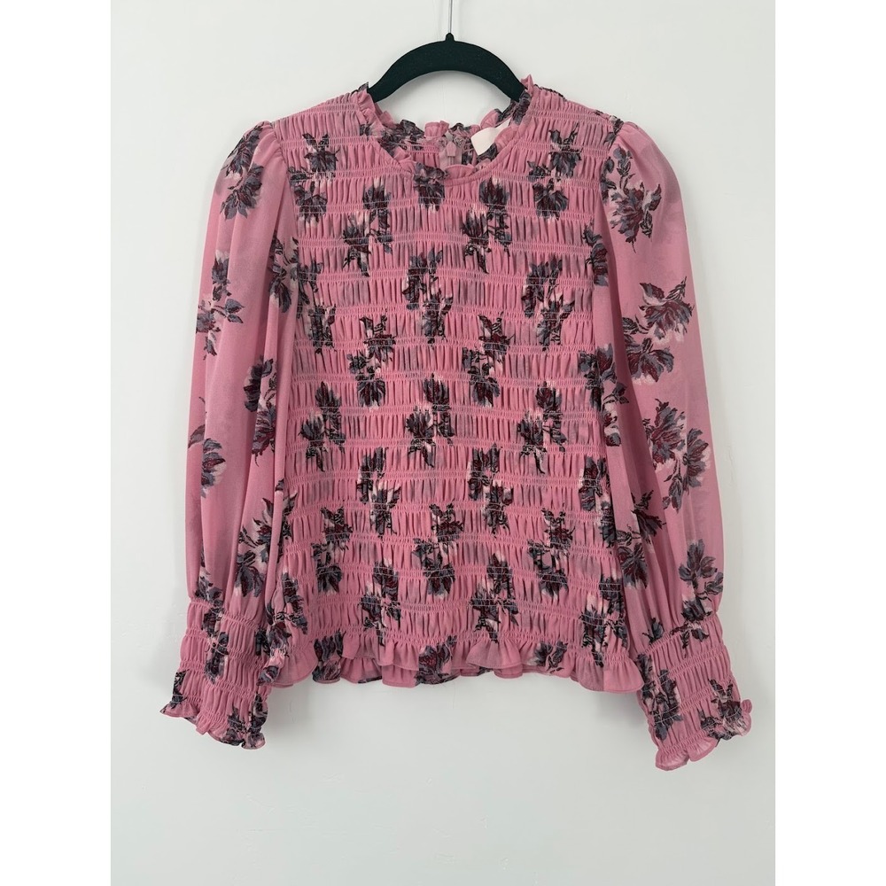 Cinq a Sept Pink Floral Smocked Chiffon Blouse - Picture 3 of 7